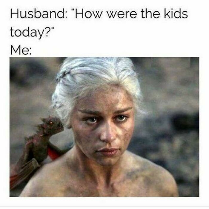 Funny husband and wife meme with exhausted woman asking about kids