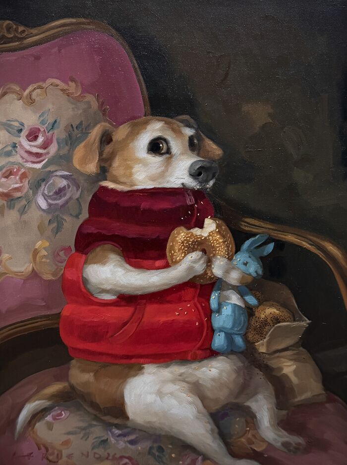 Cute dog painting holding a bagel and toy bunny on floral chair