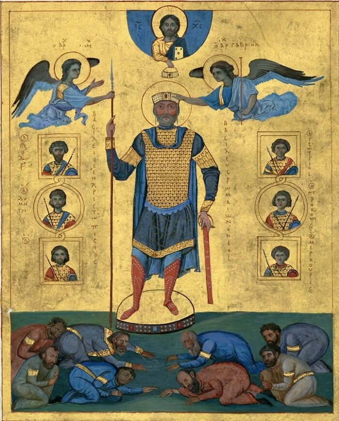 Byzantine-style painting of a crowned warrior with angels illustrating historical revenge