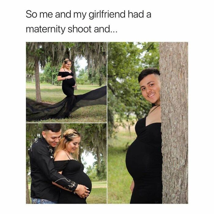 Soul-healing post: A couple at a maternity shoot, featuring the pregnant girlfriend in a beautiful black gown and her partner.