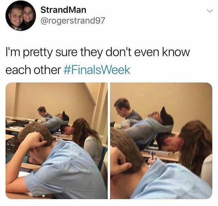A split image shows students sleeping in awkward positions during Finals Week, needing soul-healing after a rough month.