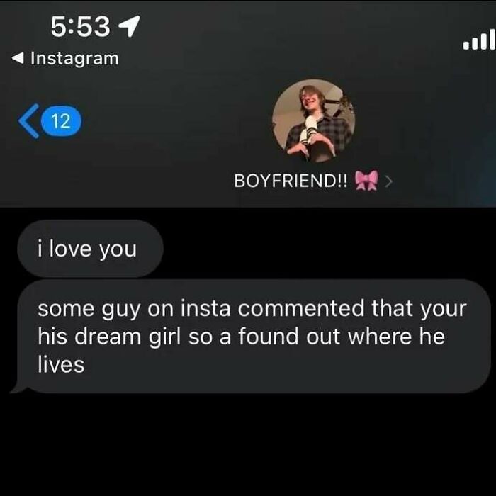 A screenshot of hilarious text exchanges showing a boyfriend expressing jealousy in a funny way.