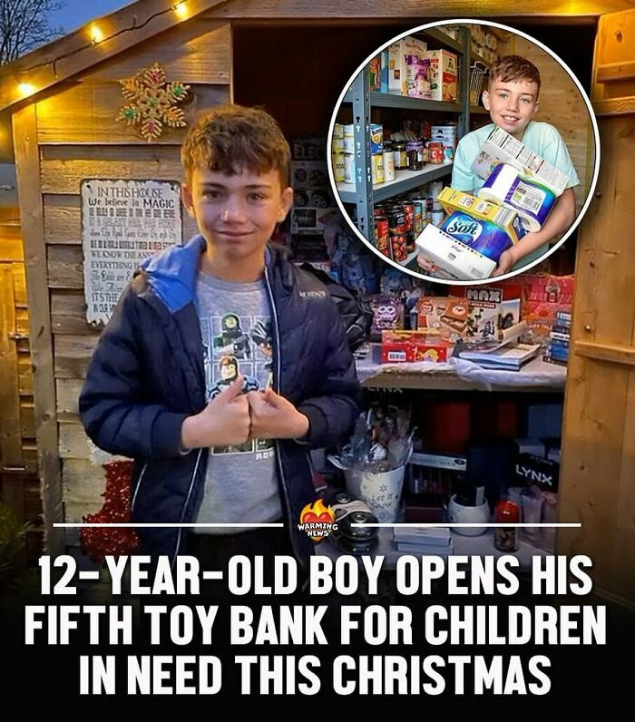A young boy stands in front of a shed filled with toys and food, a soul-healing post about giving during a rough month.