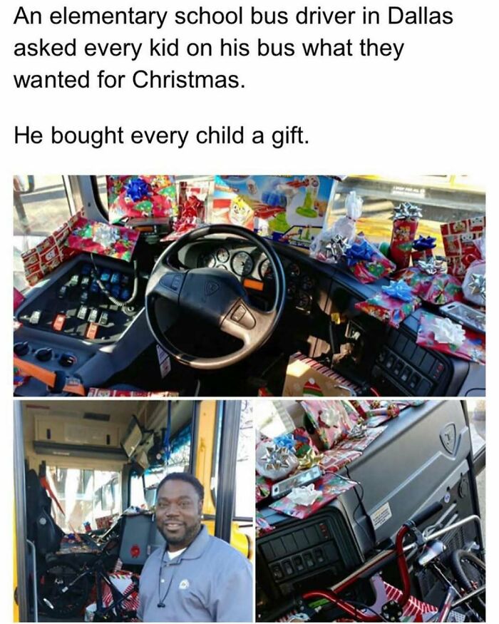 A school bus filled with wrapped Christmas gifts for kids, showcasing a soul-healing act of kindness.