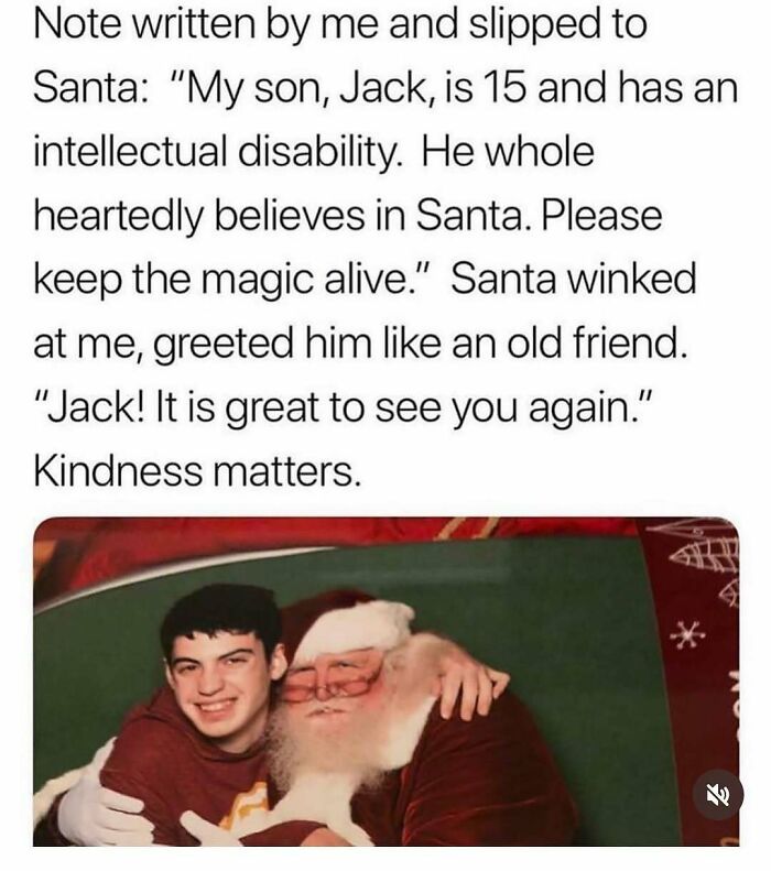 A young man with an intellectual disability embraces Santa Claus in a heartwarming, soul-healing moment.