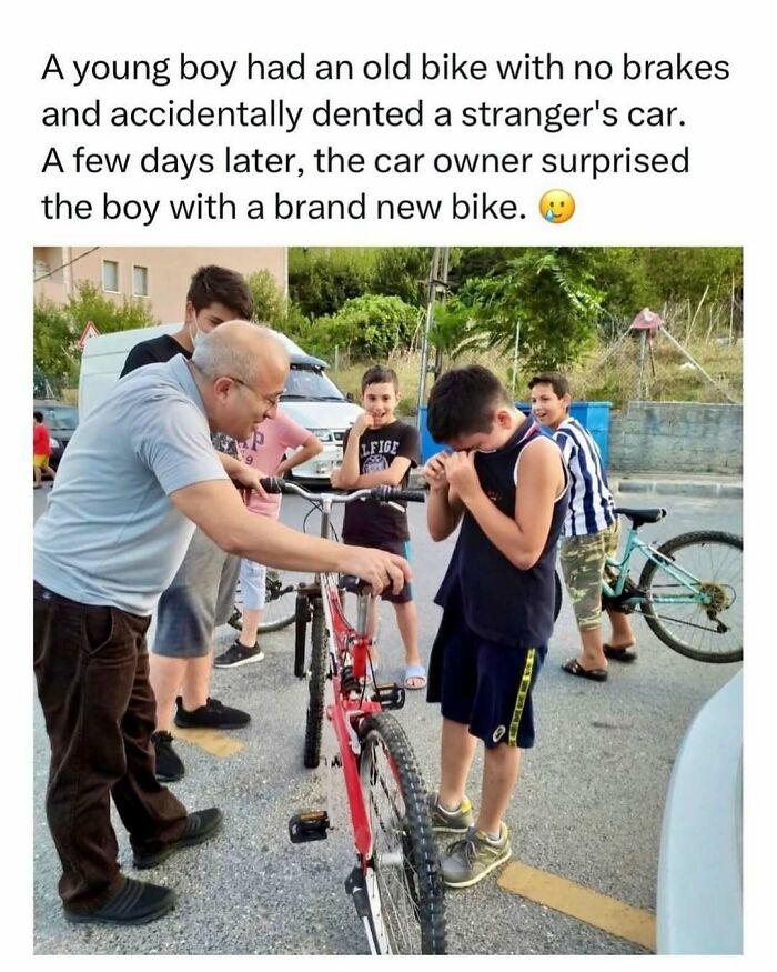 Soul-healing moment: A kind man gives a crying boy a new bicycle after he accidentally dented the man's car.