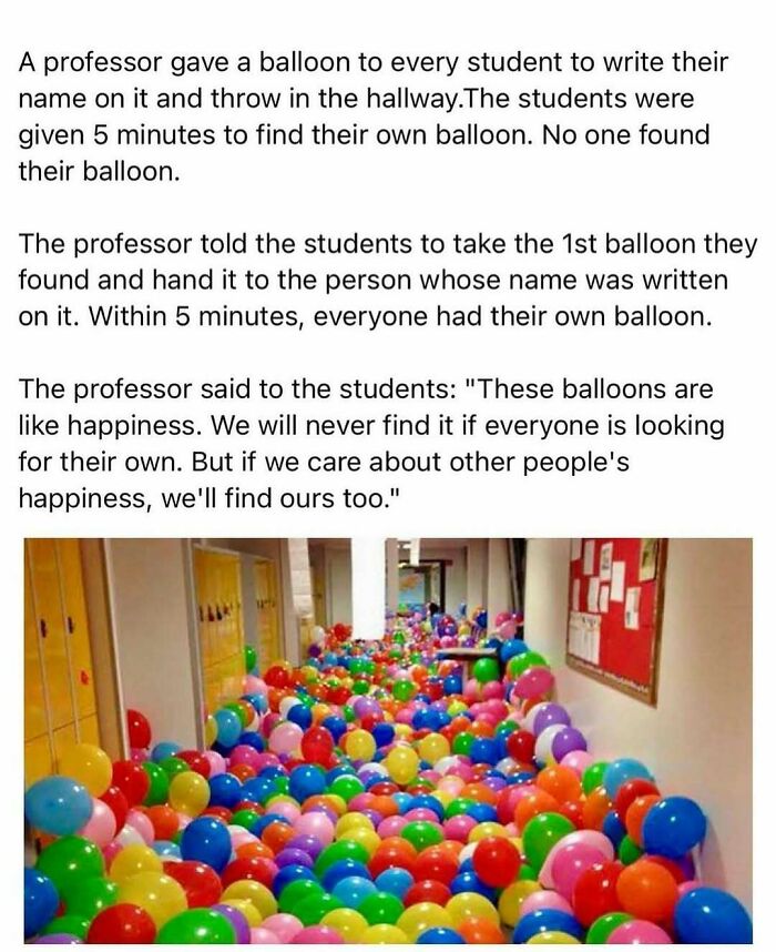 Soul-healing post: A hallway filled with colorful balloons, illustrating a professor's lesson on collective happiness.
