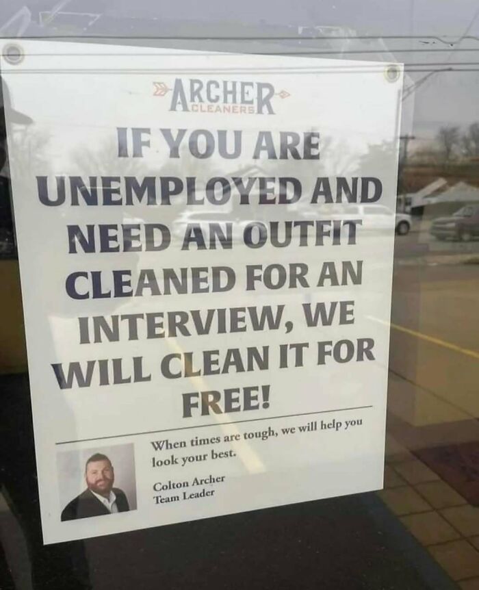 Soul-healing sign: Archer Cleaners offers free cleaning for interview outfits to help unemployed people.