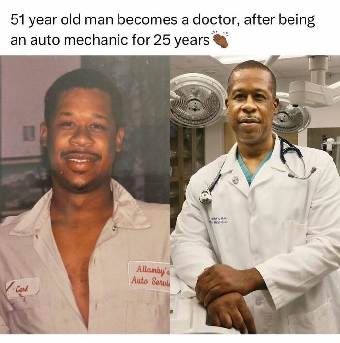 A man's before-and-after photos, transitioning from auto mechanic to doctor, showcasing soul-healing progress.