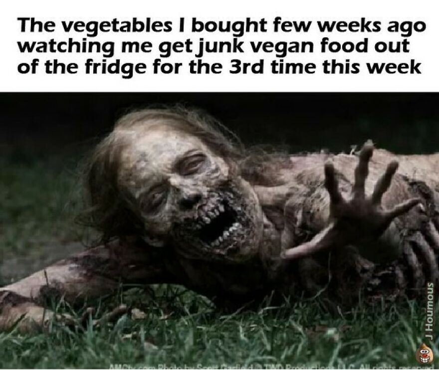 Vegan meme showing zombie representing forgotten vegetables and junk vegan food habits