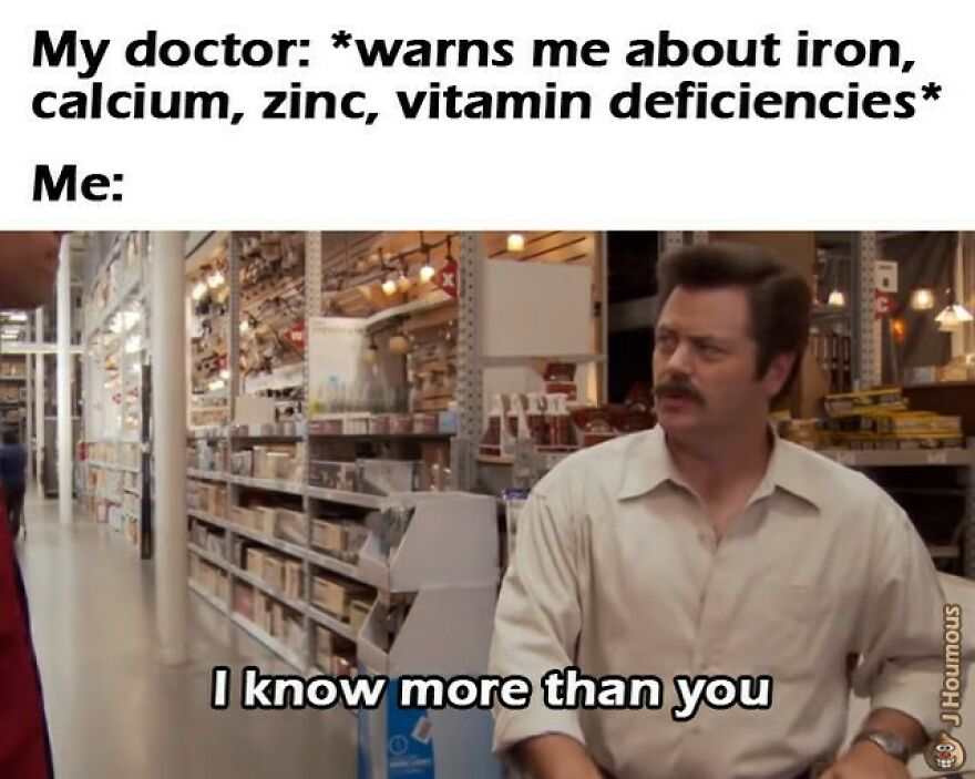Vegan meme of man confidently answering doctor about vitamin deficiencies
