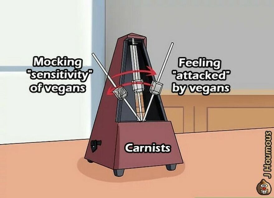 Metronome labeled carnists mocking sensitivity and feeling attacked by vegans vegan memes
