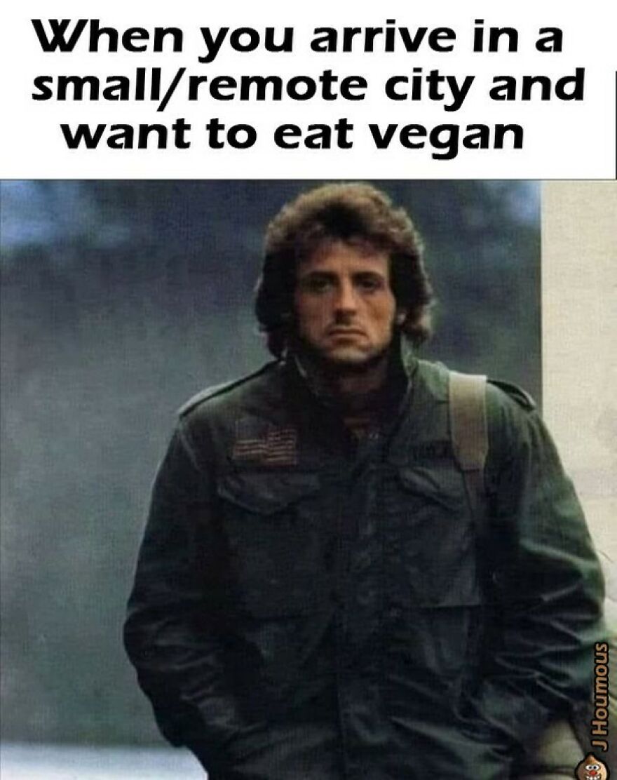 Man looking serious when arriving in small city wanting to eat vegan food vegan memes