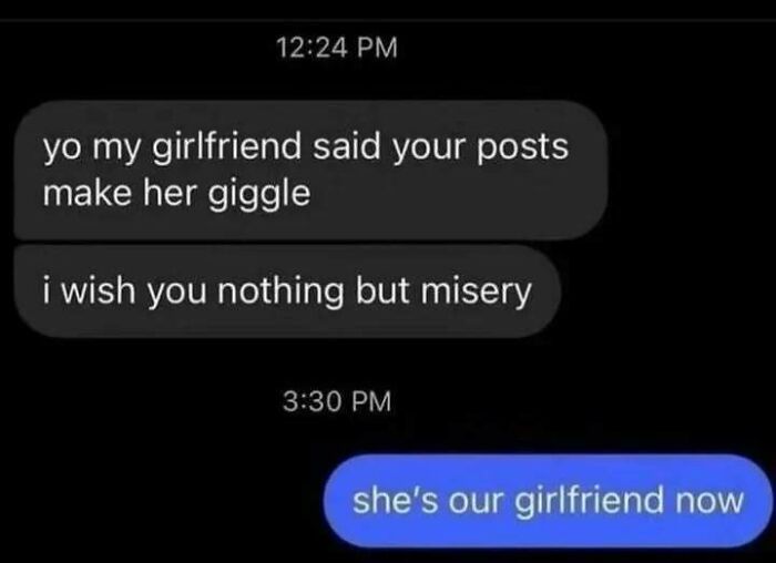 A screenshot of a hilarious text exchange about sharing a girlfriend, proving some people have no filter.