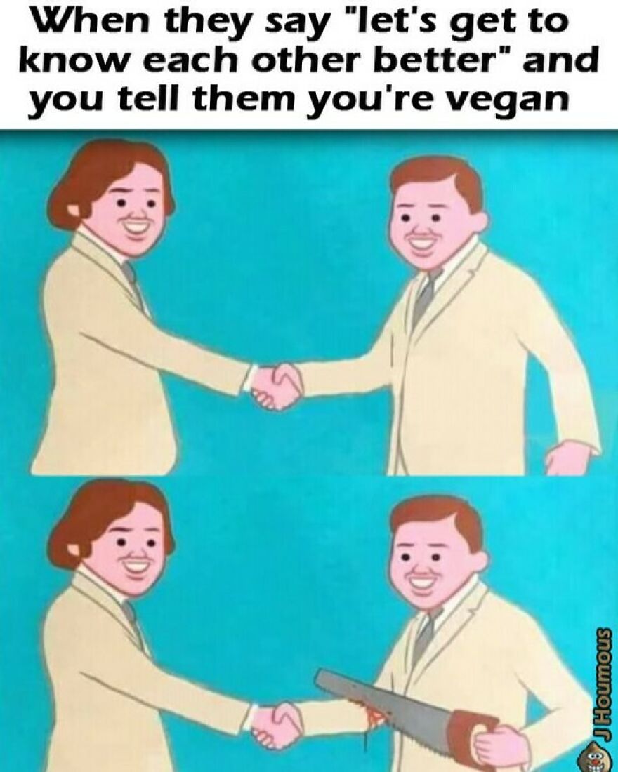 Two men shaking hands then one man hiding a bloody saw after revealing vegan status