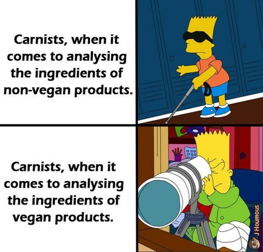 Bart Simpson blind analyzing non vegan and focused with telescope analyzing vegan products