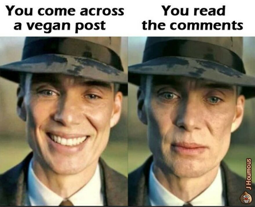 Man smiling reading vegan post then sad reading comments about veganism