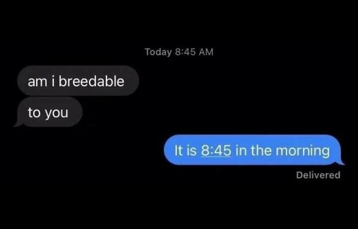A hilarious text exchange where someone asks, 'am i breedable to you' early in the morning, showing no filter.