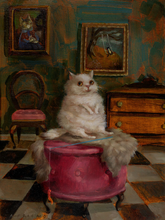 Funny cat painting sitting on a stool in a vintage room