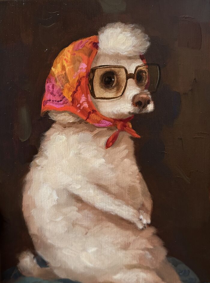 Cute animal painting of poodle wearing glasses and colorful scarf