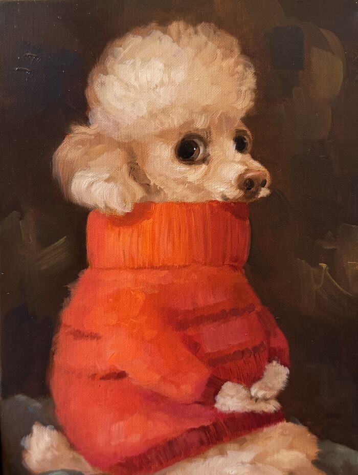 Charming animal painting of a poodle in a bright orange sweater