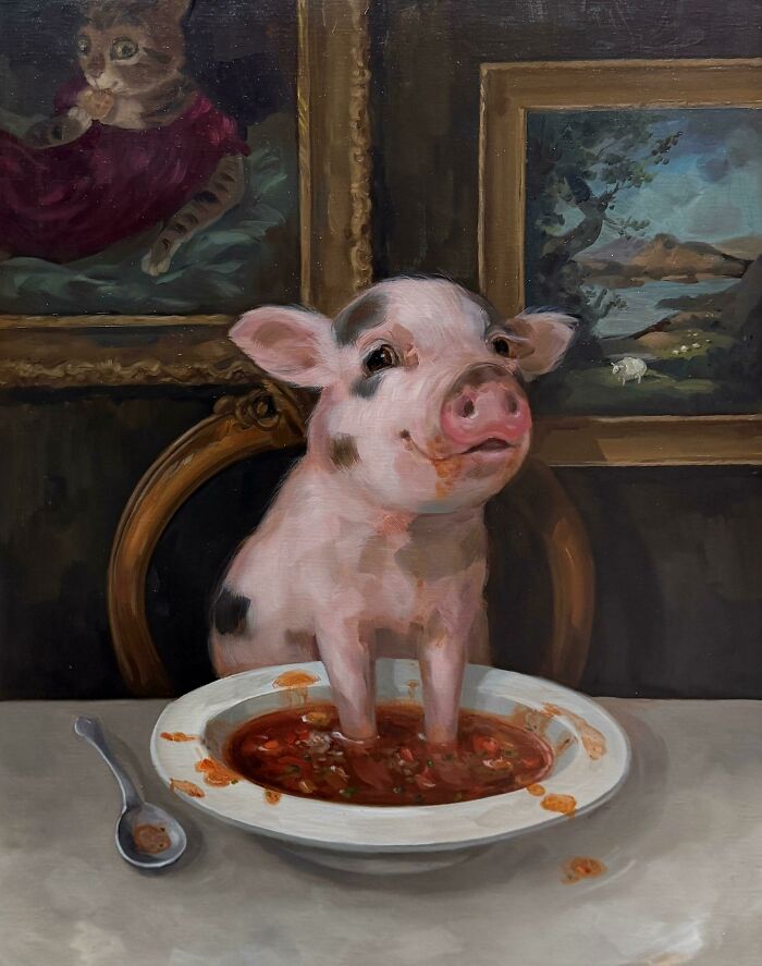 Humorous animal painting of a pig standing in a bowl of soup