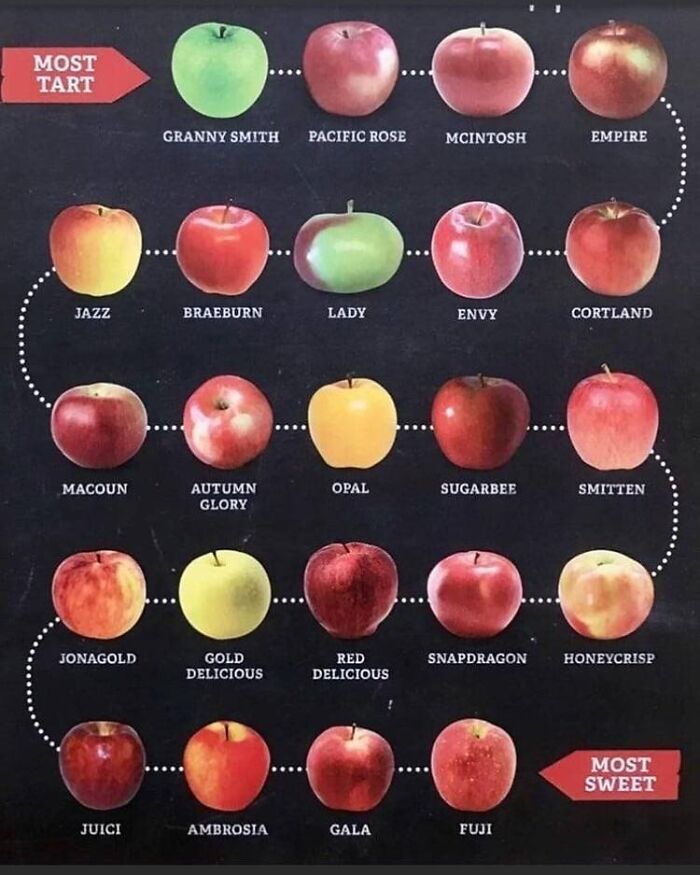A chart displaying different apple types from most tart to most sweet, to decide faster which one to choose.