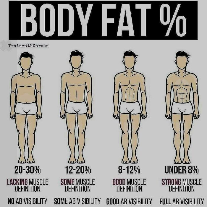 A body fat percentage chart to decide faster about muscle definition and visibility of abs at various percentages.