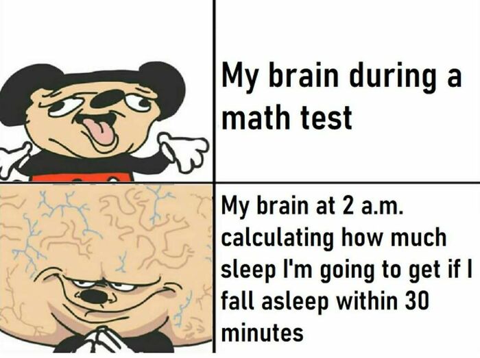 Silly meme about brain functioning during math test and sleep calculation