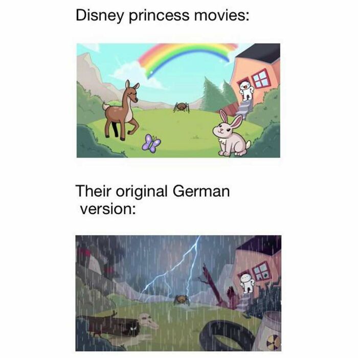 Funny Disney princess movies meme showing bright vs dark original German version