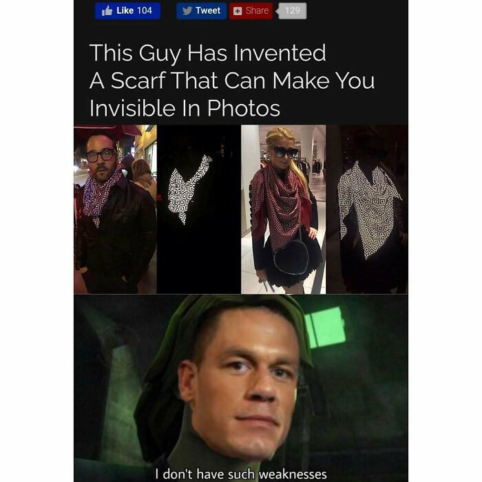 Funny silly memes showing a scarf that makes you invisible in photos meme with humorous caption