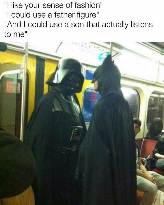 Funny silly meme of Darth Vader and Batman on a subway about father and son figures