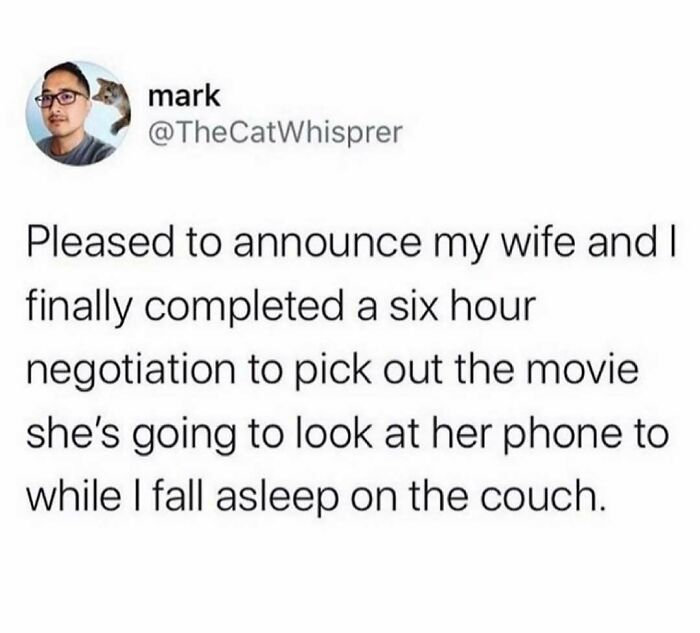 Hilarious tweet about husband and wife negotiating movie choice while wife uses phone