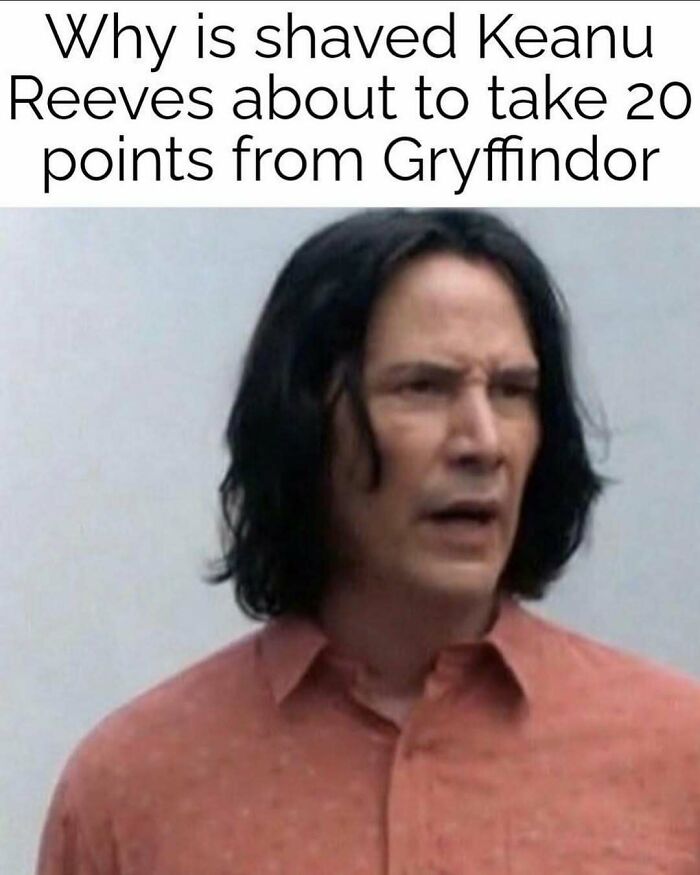 Funny silly meme about shaved Keanu Reeves and Harry Potter points