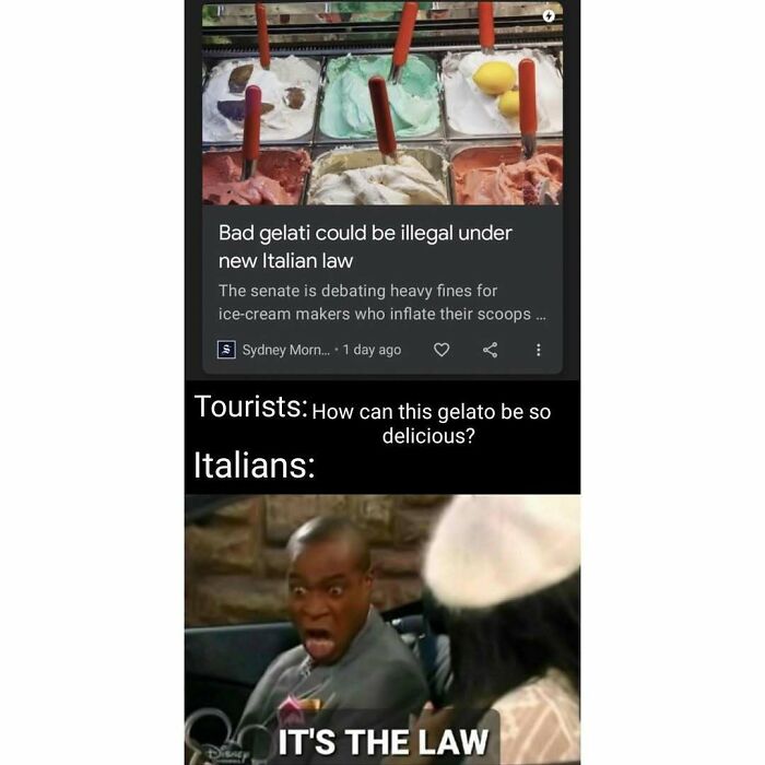 Meme about Italian gelato law with shocked reaction saying it's the law