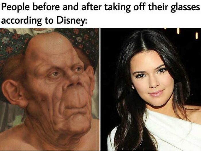 Funny silly memes comparing people before and after taking off glasses according to Disney
