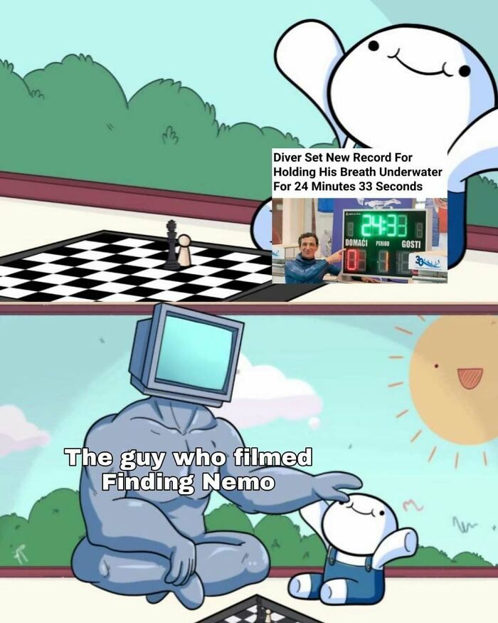 Funny silly meme showing a muscular character labeled the guy who filmed Finding Nemo with chessboard
