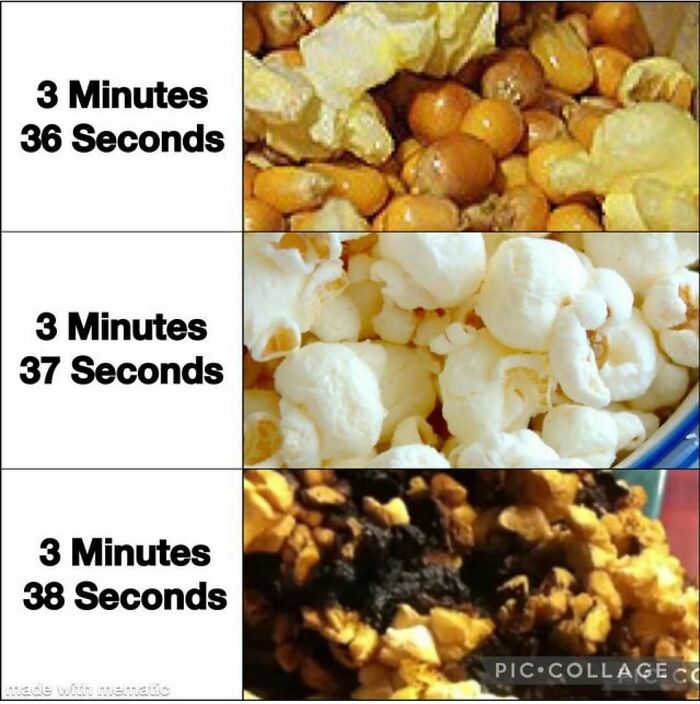 Memes showing popcorn popping times with funny burnt popcorn image