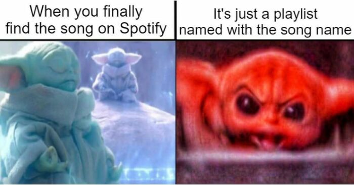 Silly meme about finding a song on Spotify playlist humor