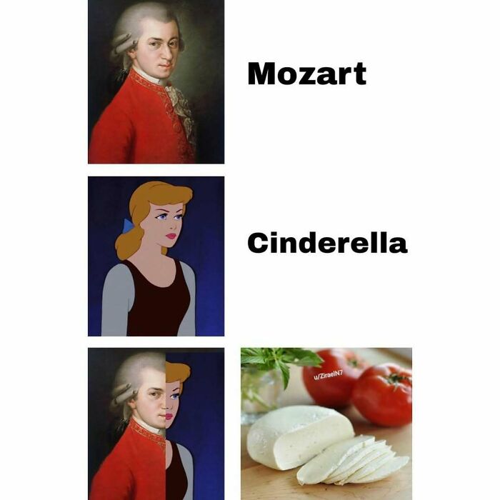 Funny silly meme blending Mozart, Cinderella, and cheese humor