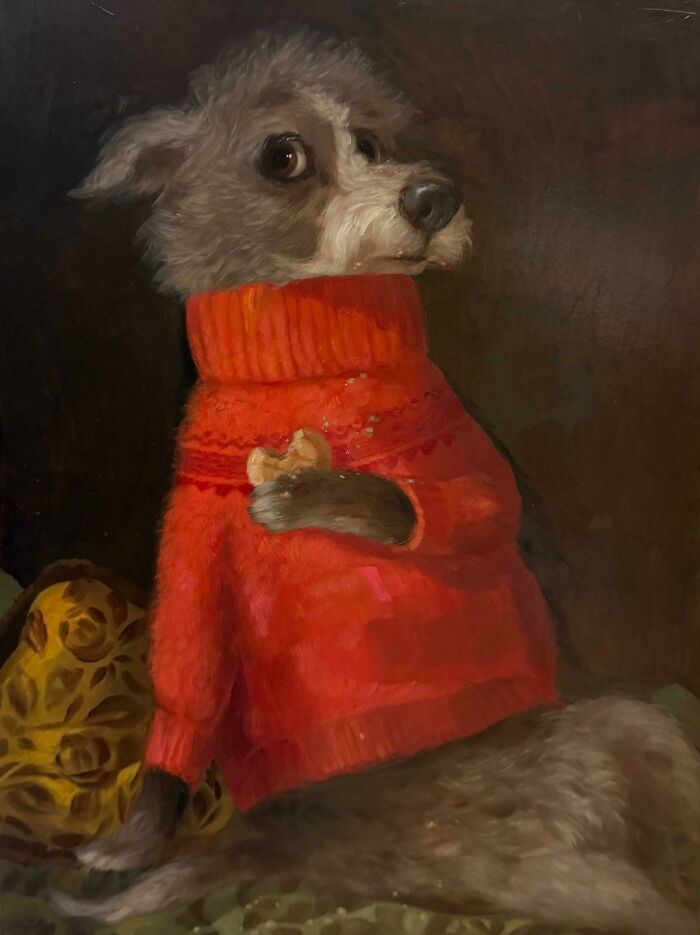 Playful dog wearing red sweater with bone in animal painting by Alison Friend