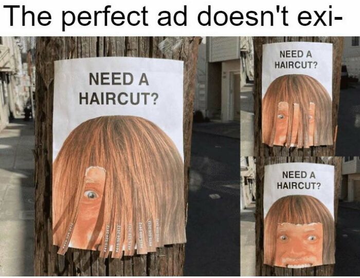 Creative silly meme with haircut ad using cut out hair strips