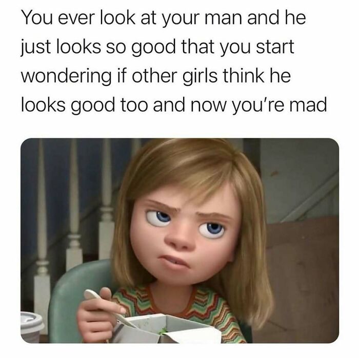 Husband and wife meme about jealousy over partner's looks