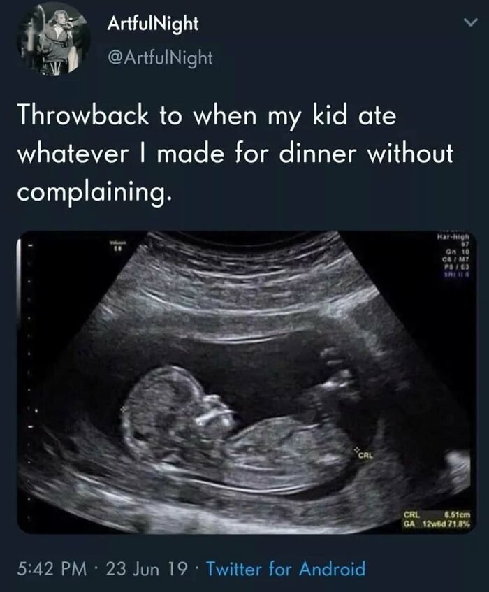 Funny husband and wife meme with ultrasound photo about kids eating dinner without complaining