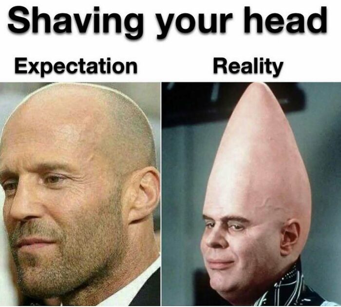Funny silly meme comparing head shaving expectation vs reality