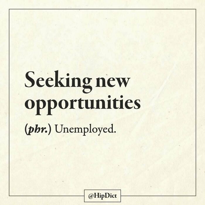 Seeking new opportunities phrase humorously defined as unemployed status