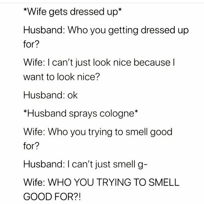 Wife and husband meme about getting dressed up and smelling good