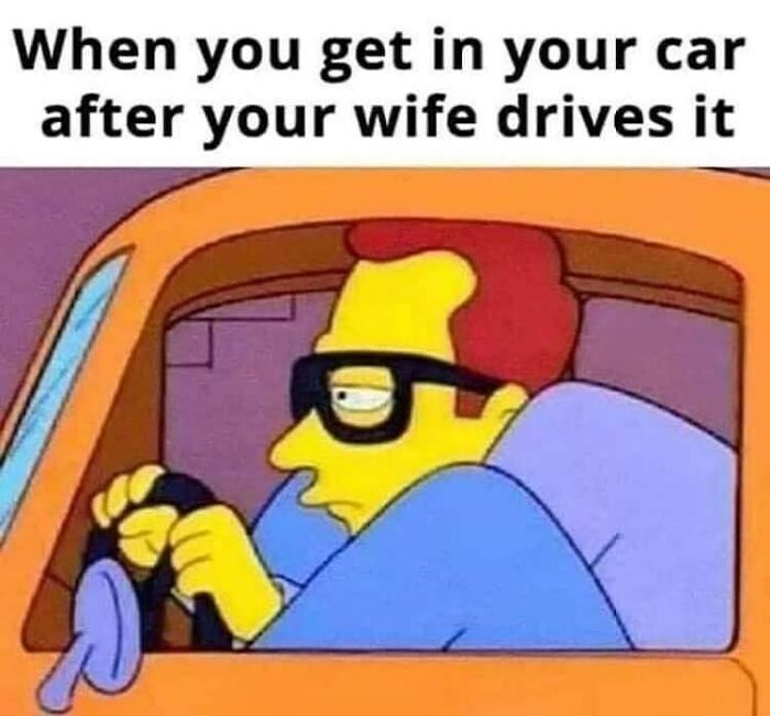 Cartoon character upset driving car after wife drove it humorous marriage meme