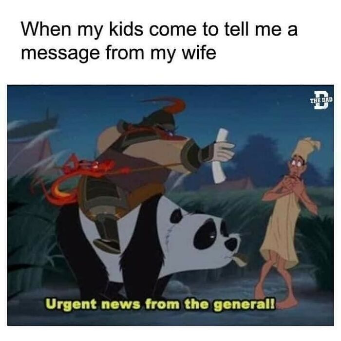 Husband and wife meme about kids delivering urgent messages from wife