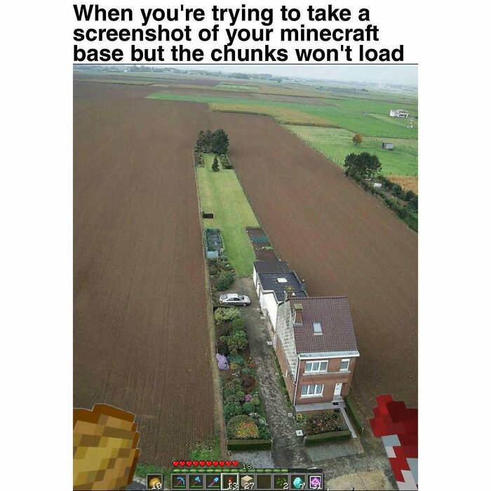 Funny silly meme showing Minecraft base screenshot with chunks not loading